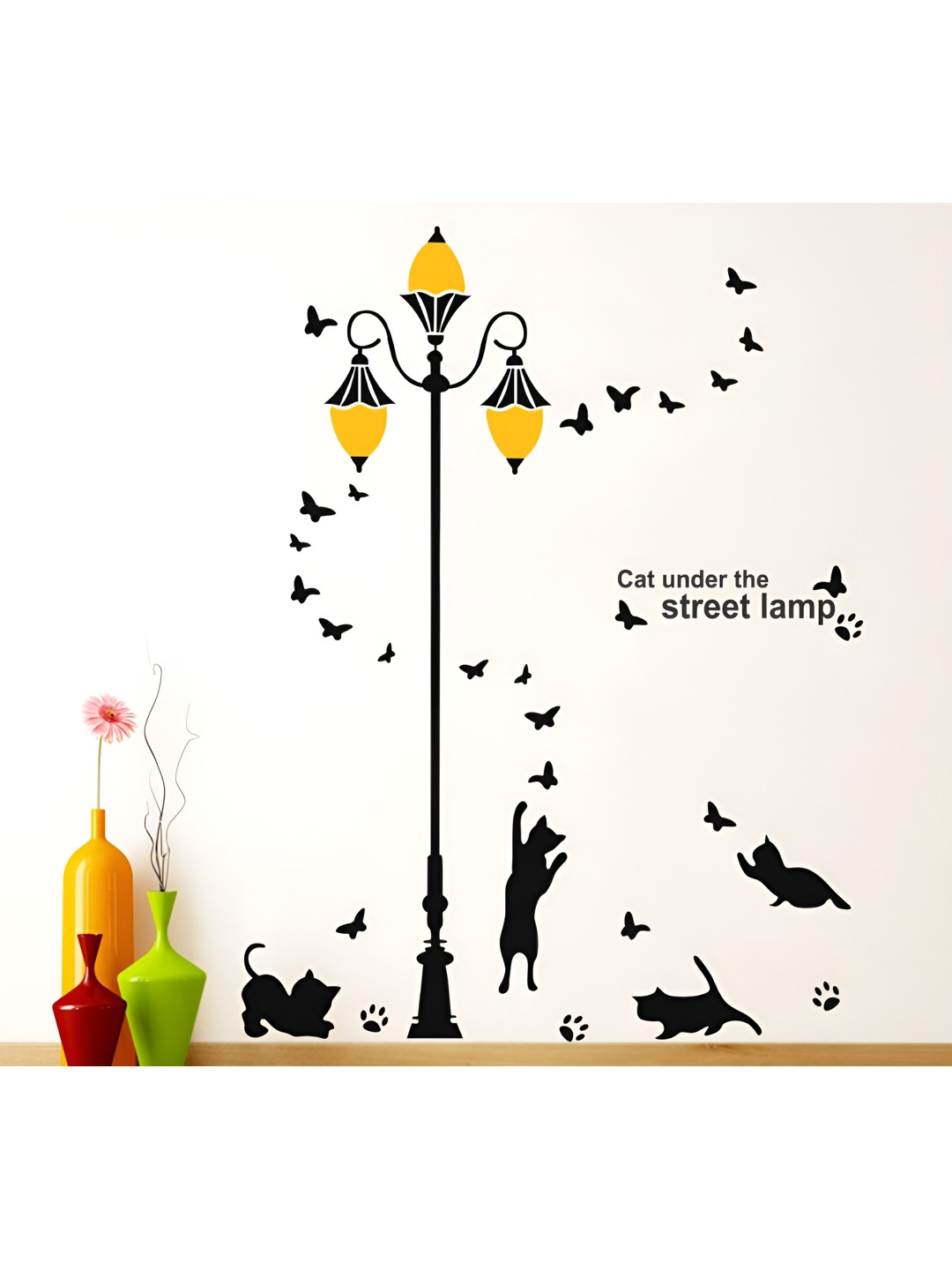 LANSTICK Black & Yellow Cat With Street Light Self Adhesive Wall Sticker