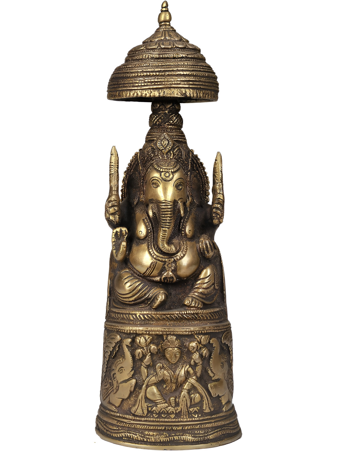 Exotic India The King Ganesha with Lakshmi Ji Gold Brass Metallic Prayer Room Hand Made Medium Showpiece - 10.5 Inches