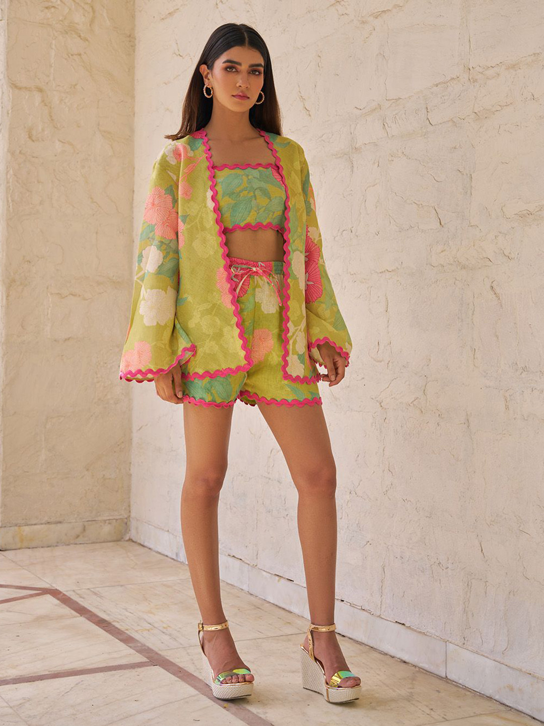By The Bay Printed Shoulder Straps Top & Shorts With Shrug Co-Ord