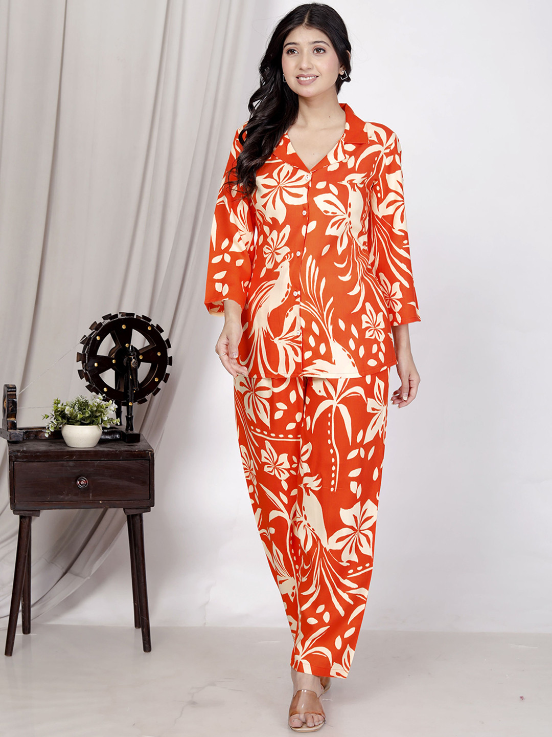 SAKURA Floral Printed Shirt & Trousers Co-Ord Set