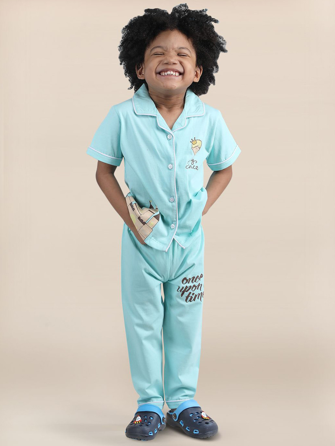 Polka Tots Kids Lapel Collar Pure Cotton Printed Night suit