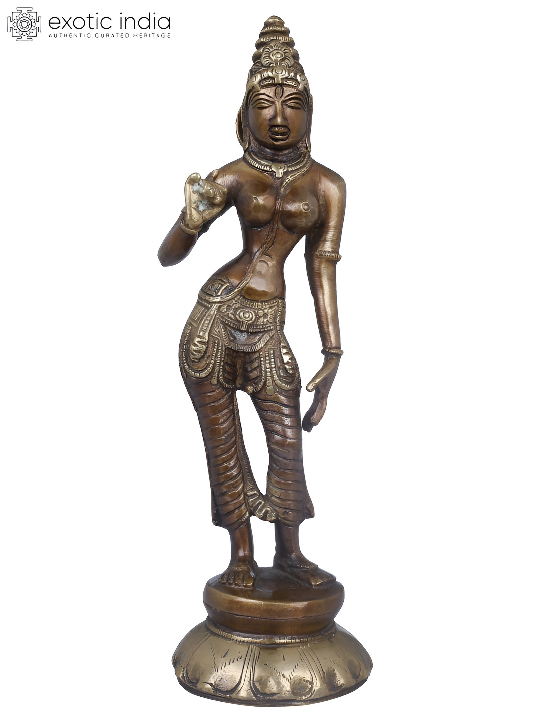 Exotic India Devi Parvati Brown Brass Metallic Prayer Room Hand Made Medium Showpiece - 10.3 Inches