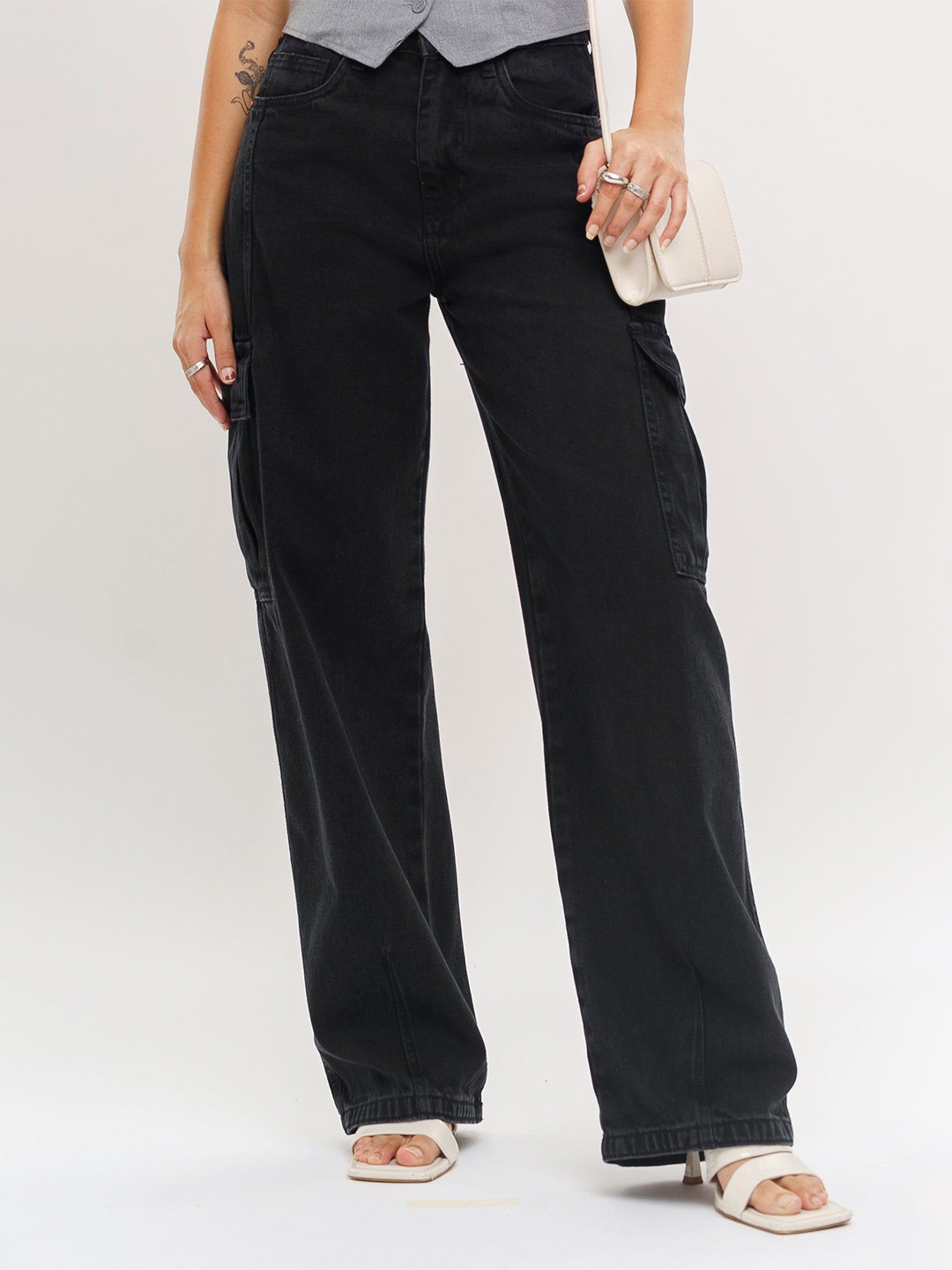 FREAKINS Women Charcoal Black Cargo Jeans