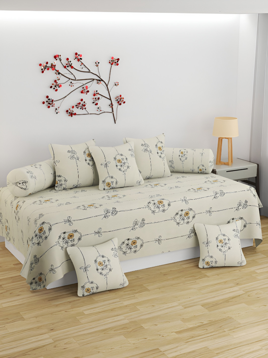 BELVOSTUM 8Pcs Cream-Colored & Black Floral Printed Cotton Diwan Set