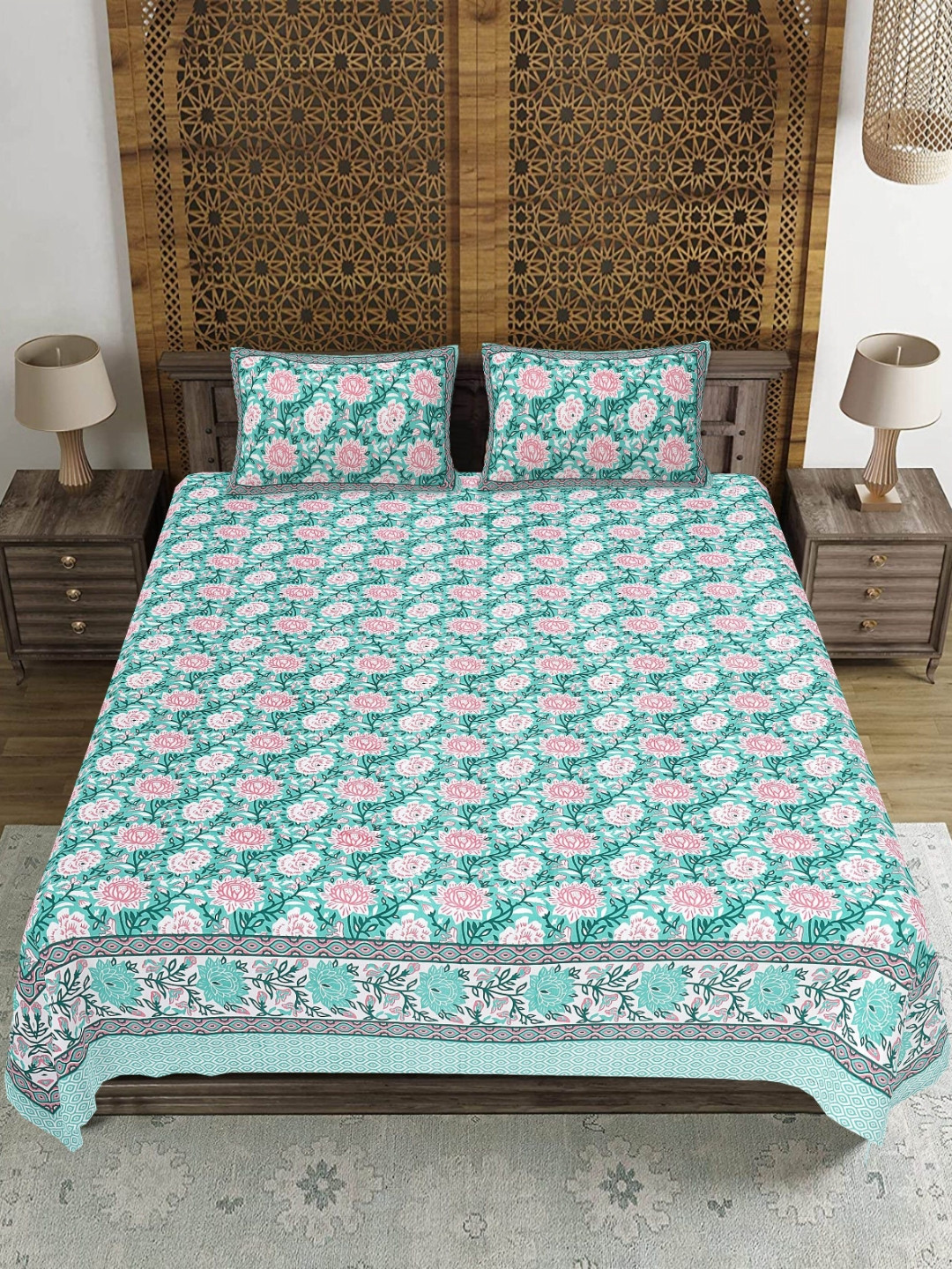 Rudra Bazaar Sea Green Ethnic Motifs Cotton 210 TC King Fine Bedsheet with 2 Pillow Covers-108 x 91 inches