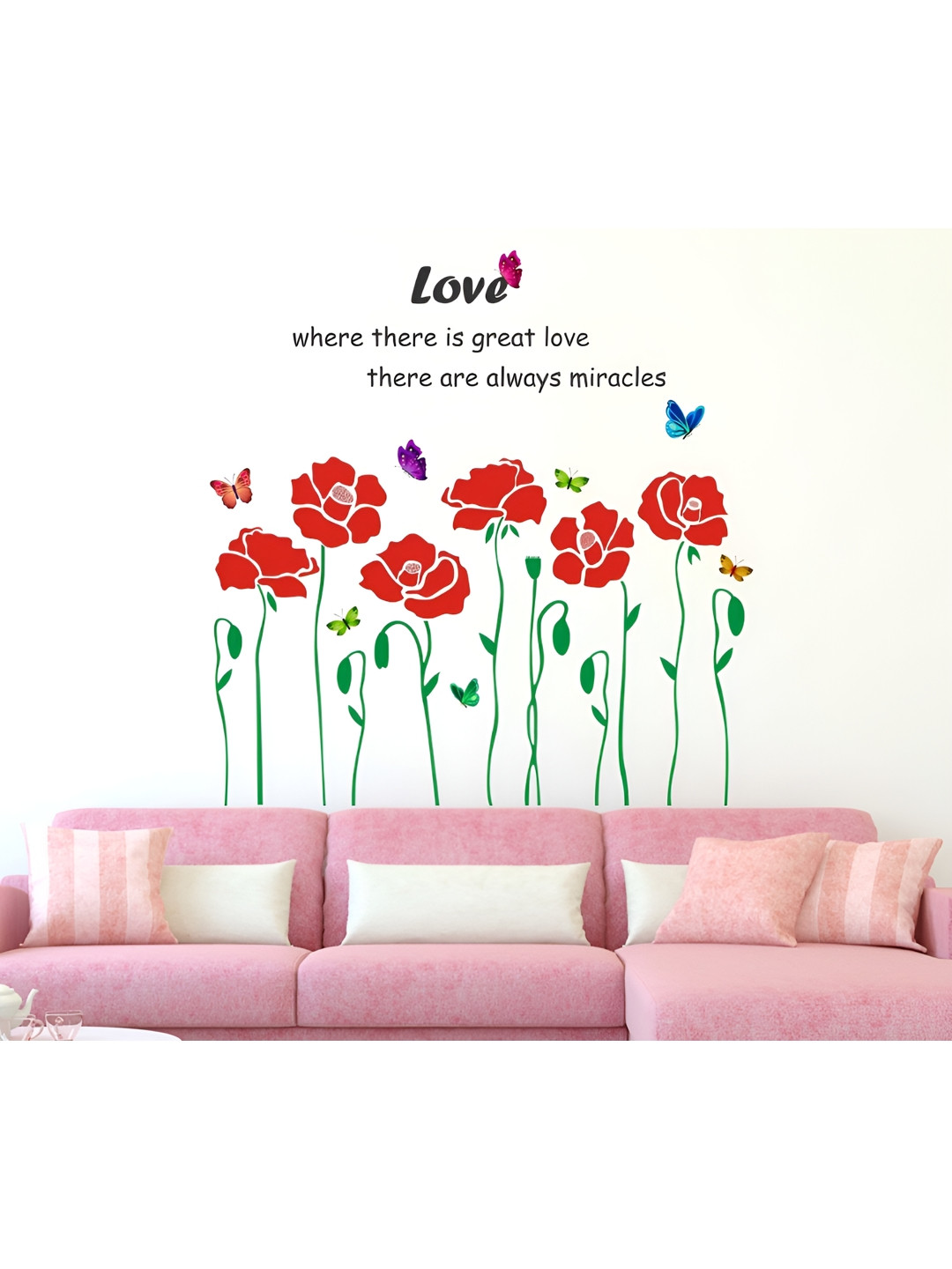 LANSTICK Red & Green Flowers With Butterflies Self Adhesive Wall Sticker