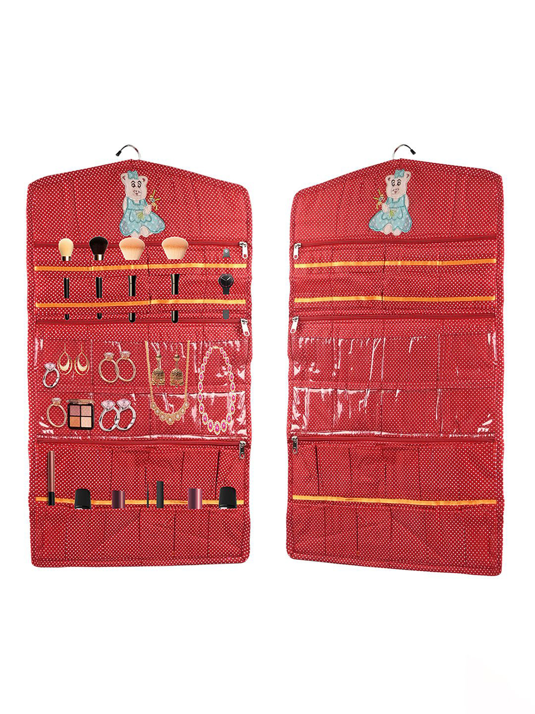 Kuber Industries Red & White 2 Pieces Printed Cotton Hanging Jewellery Organiser With Zip