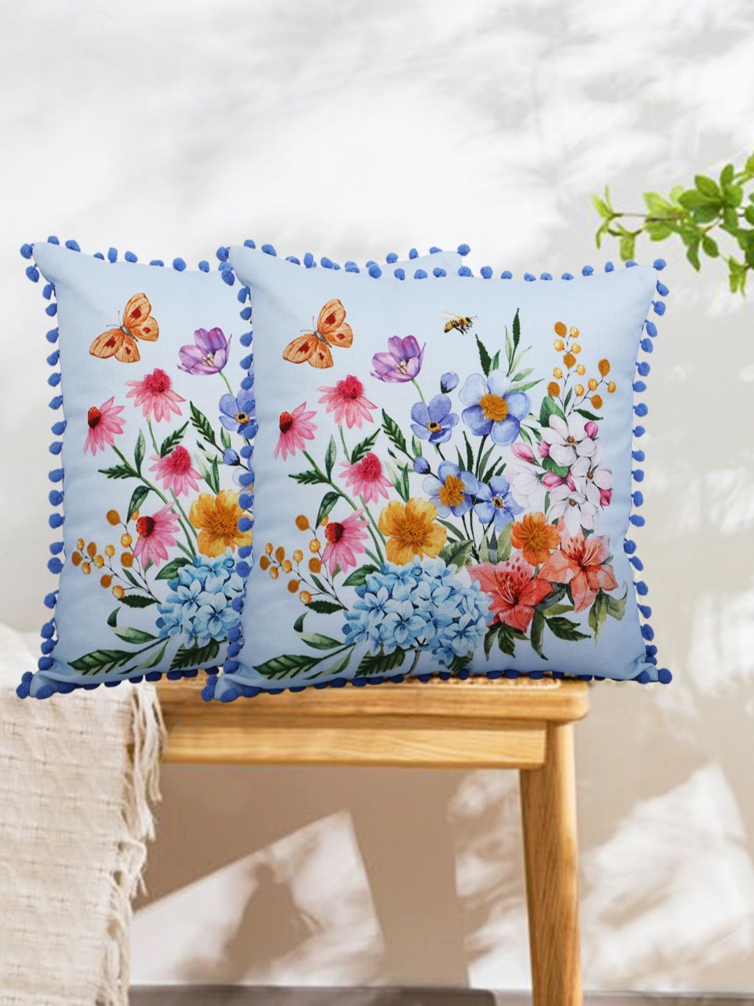 Myntra Elegant Homes Blue & Pink Set of 2 Floral Square Cushion Covers