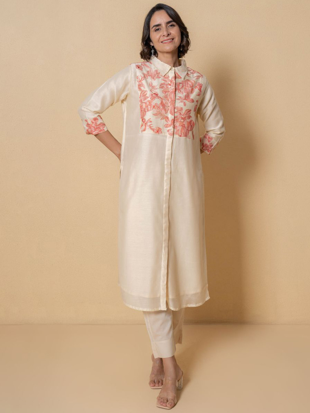 Kameez by Pooja Kejriwal Women White Embroidered Chanderi Silk Kurta with Trousers