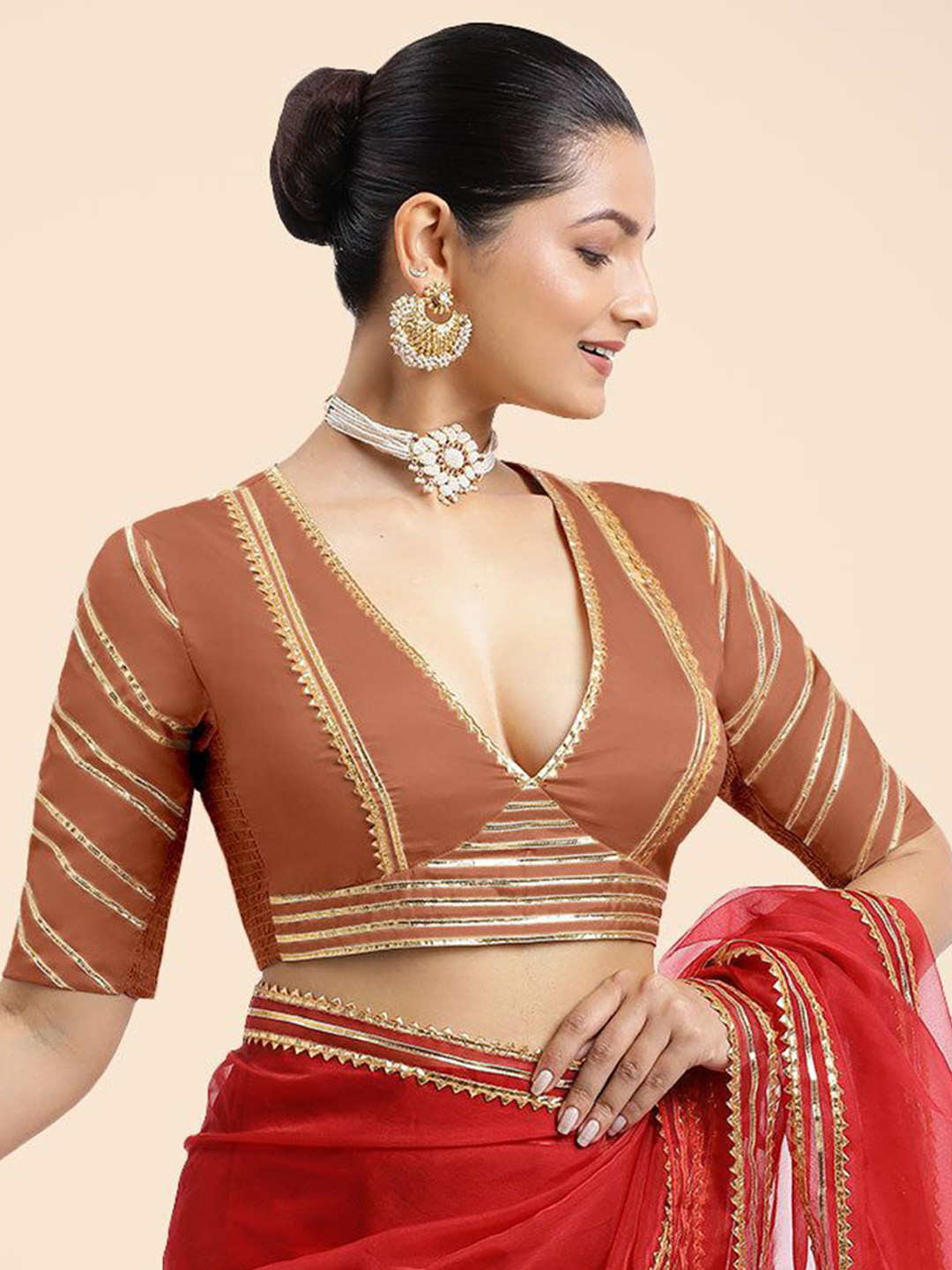 Binks Copper Stretchable Gota Patti Designer Silk V-Neck Elbow Sleeves Blouse