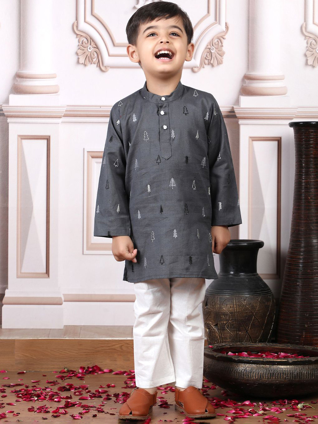 Polka Tots Boys Christmas Tree Embroidered Mandarin Collar Pure Cotton Kurta With Pyjamas