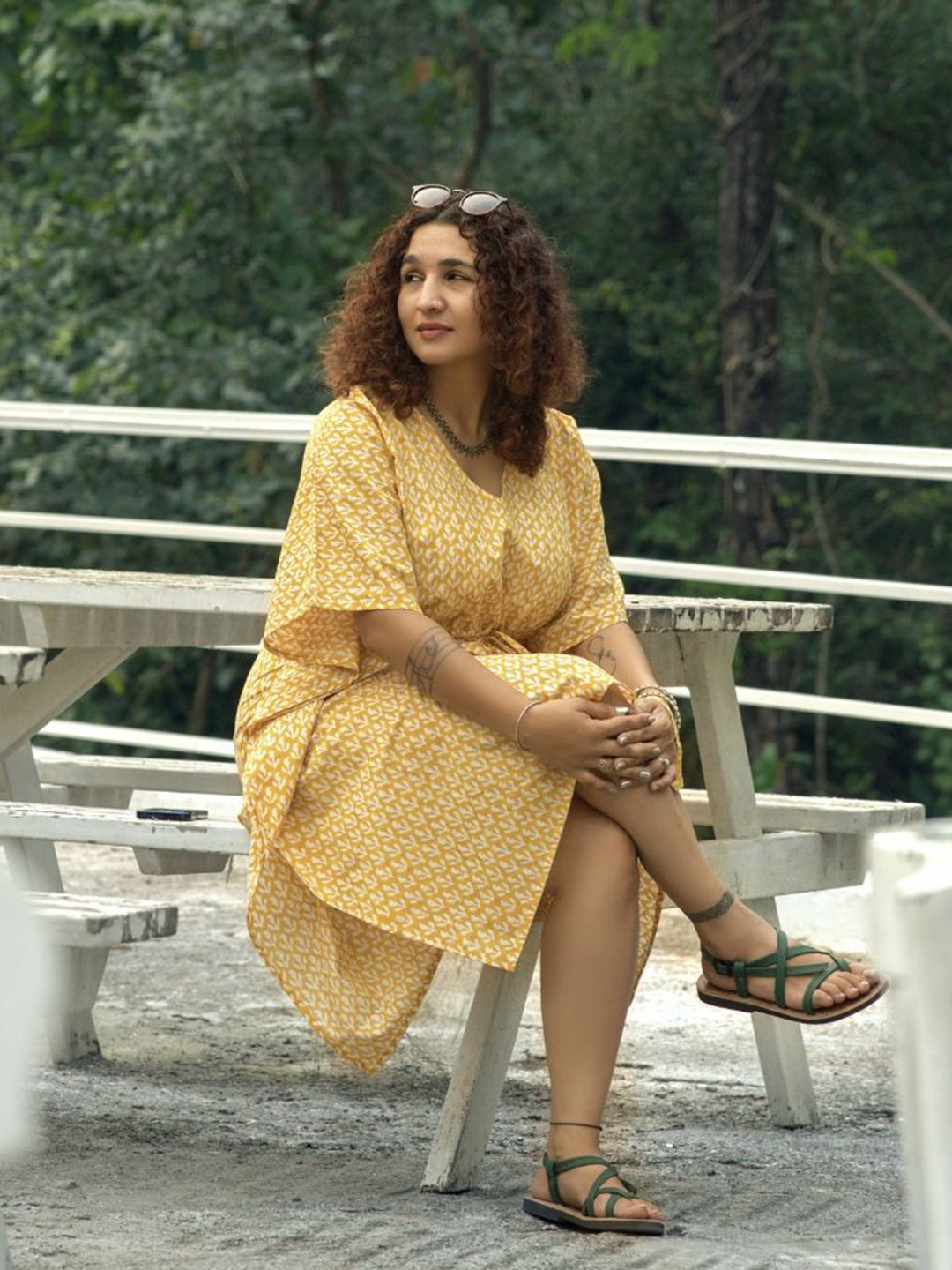 Nilam India Women Hand Block Print Yellow Kaftan Dress