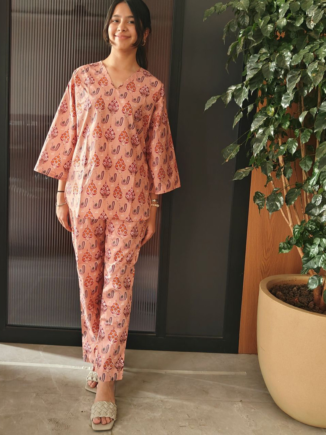 The Quince Life Peachy Peacock PJ Set With Matching Scrunchy