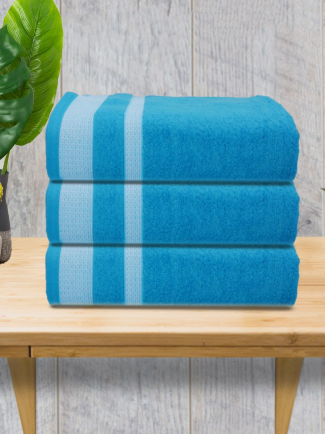 Myntra Elegant Homes Blue And White 3 Pieces Striped 500 GSM Cotton Towel Set