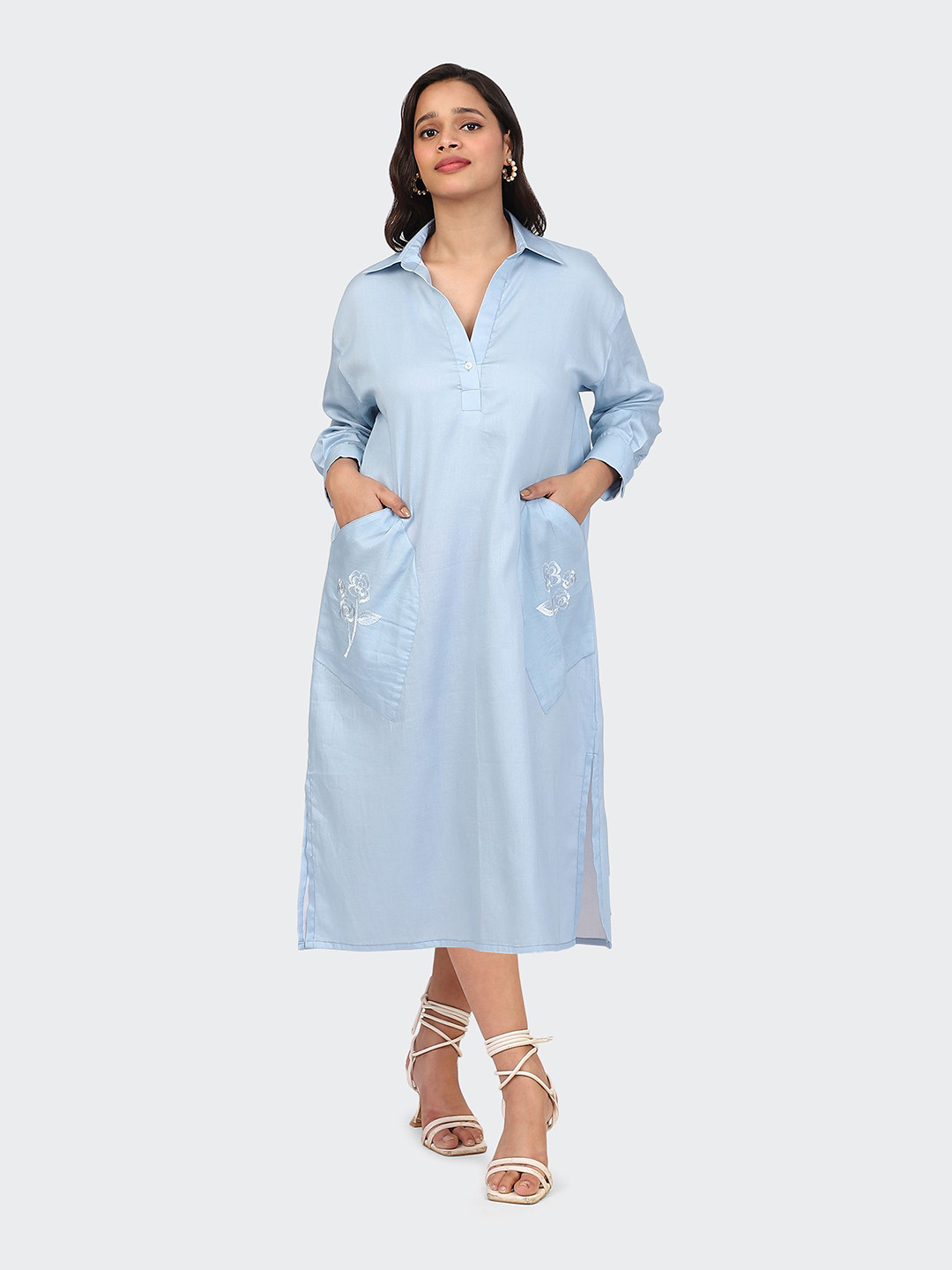 HUE & HIDE Women Solid Embroidered Oversized Cotton Midi Shirt Dress