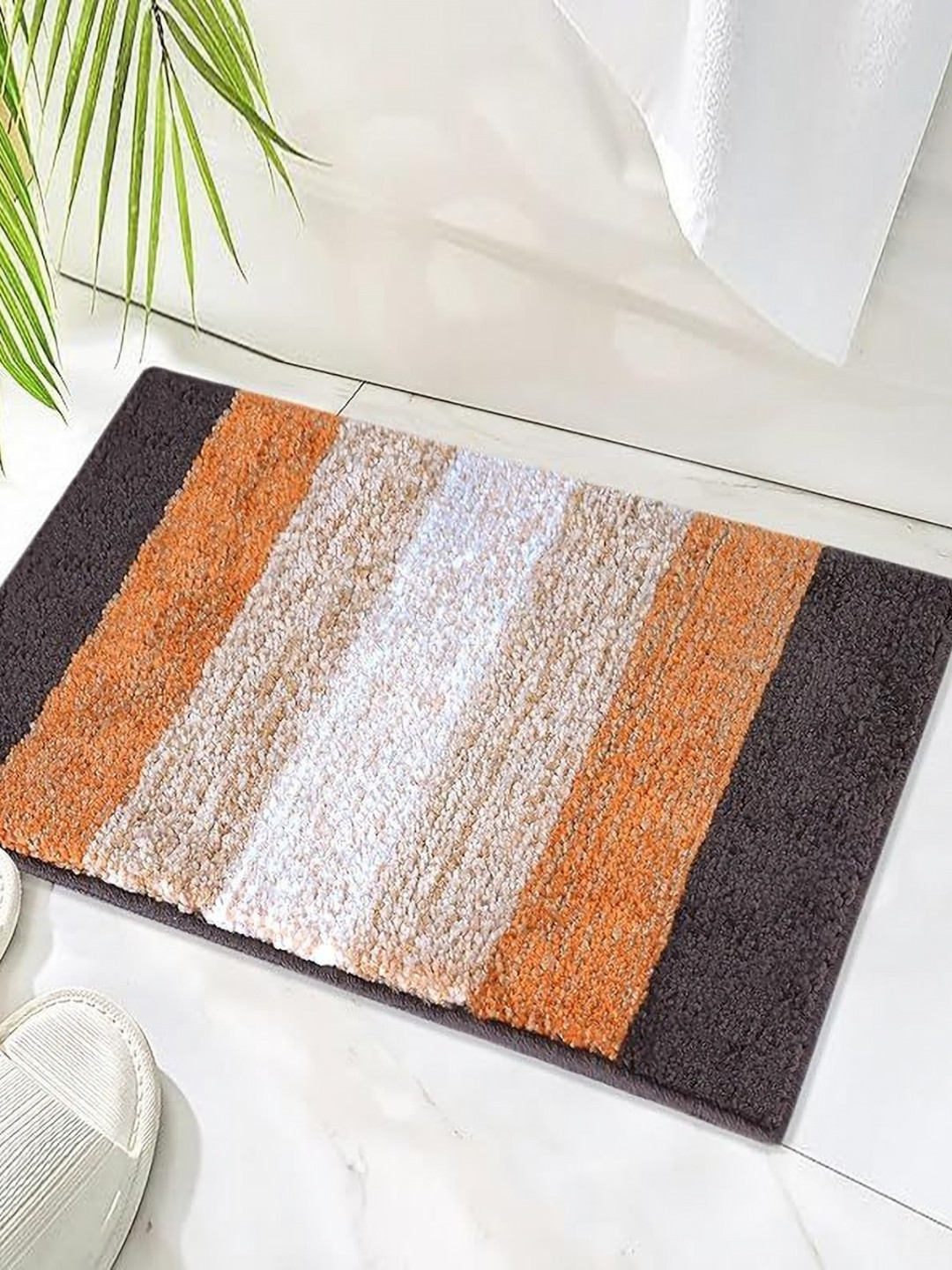RADECOR Brown & Beige Striped Soft Fluffy Anti-Skid Bath Mat
