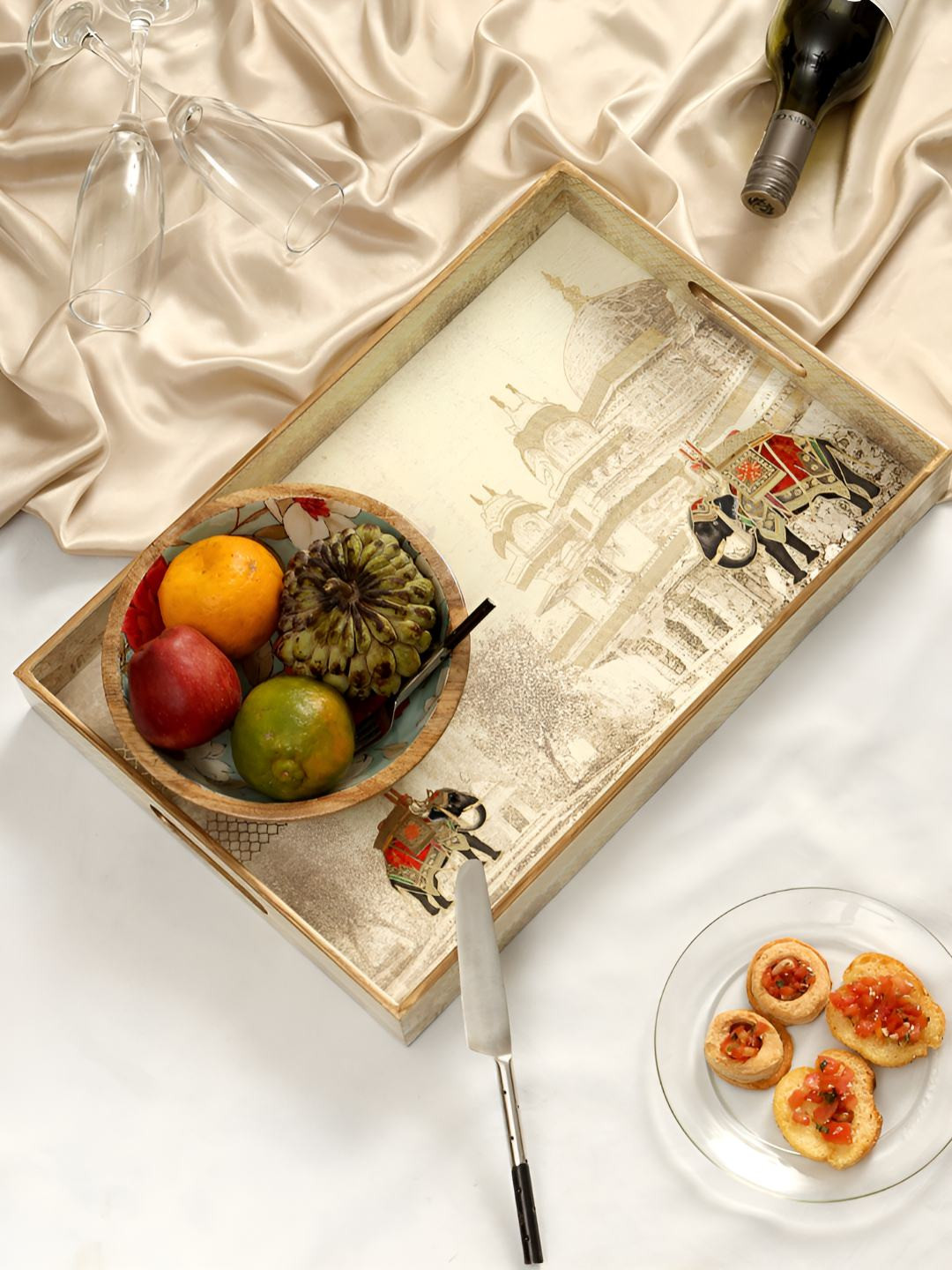 DULI White & Beige Easy To Clean MDF Waterproof Serving Tray