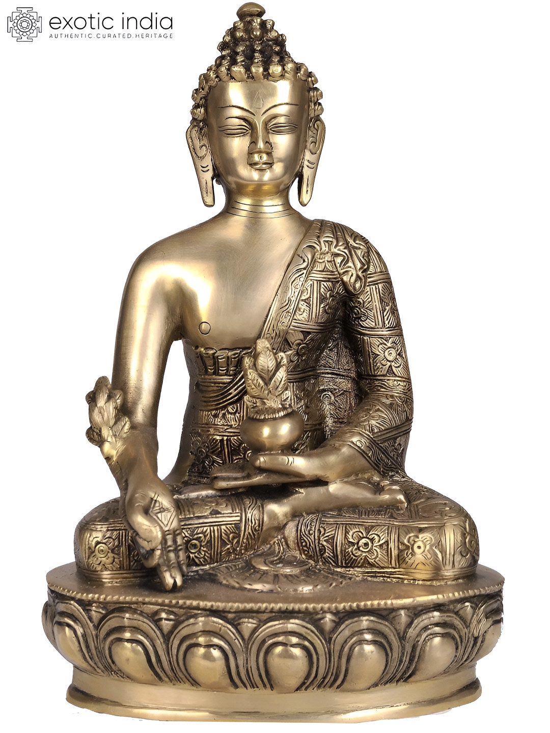 Exotic India Tibetan Buddhist God Bhaishajyaguru Gold Brass Metallic Living Room Hand Made Medium Showpiece - 11.5 Inches