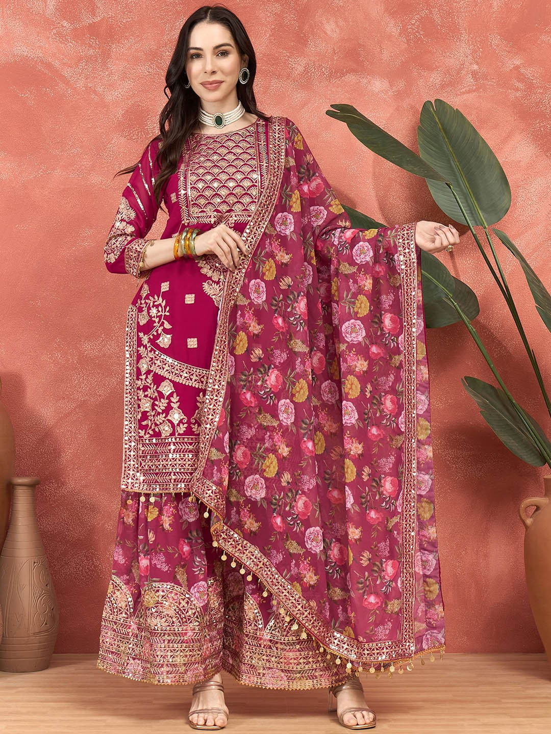 SERONA FABRICS Floral Embroidered Sequinned Georgette Kurti With Sharara & Dupatta