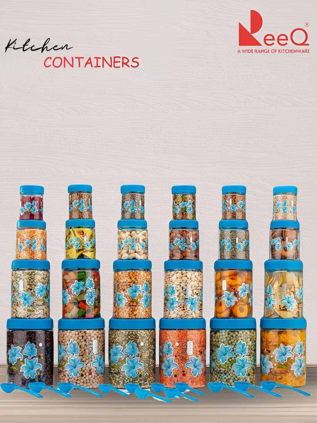 Reeq Blue Floral Plastic Air Tight 24 Piece Screw Top Canister