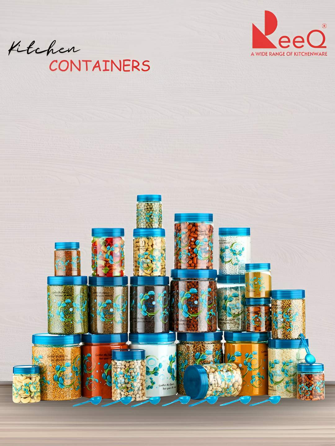 Reeq Sea Green Floral Plastic Air Tight 24 Piece Screw Top Canister