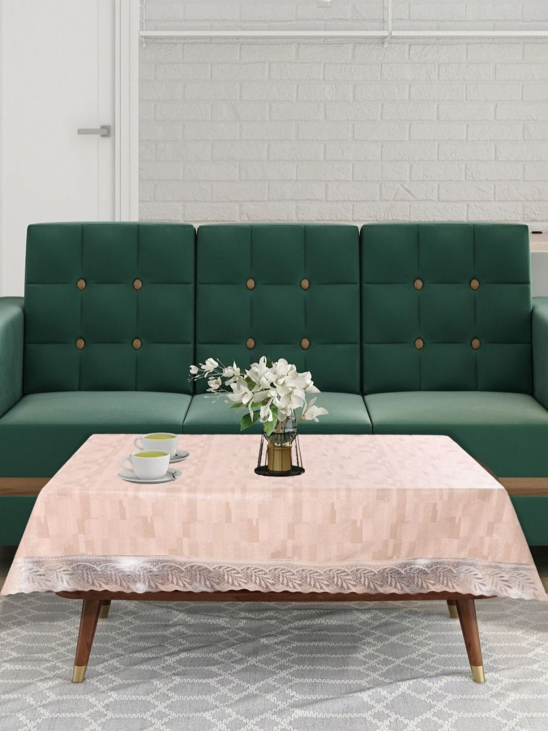 Stylista Beige Geometric Printed 2-Seater Table Cover With Stylish Lace Border