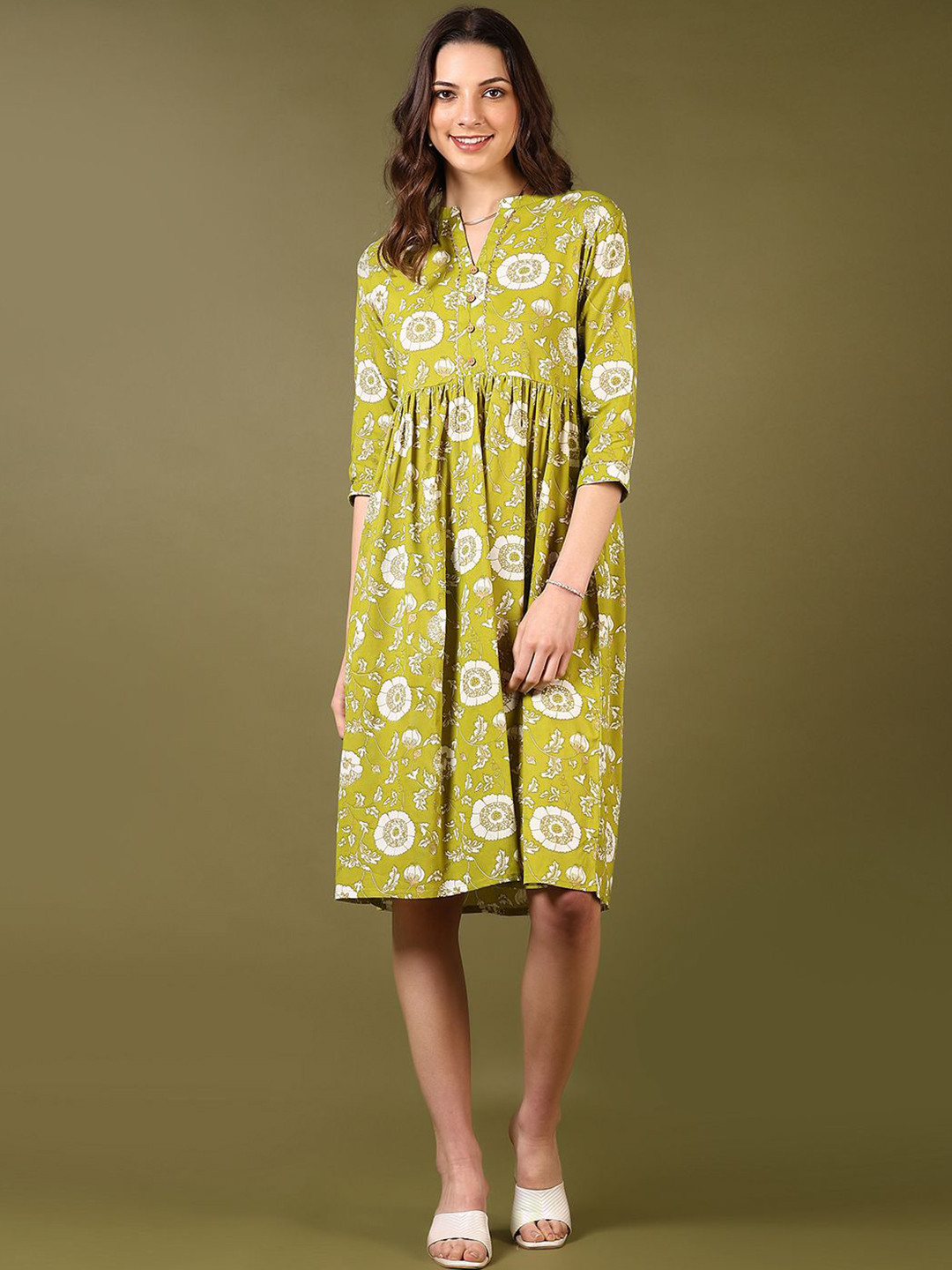 V-Mart Printed Band Neck Ethnic Dresses