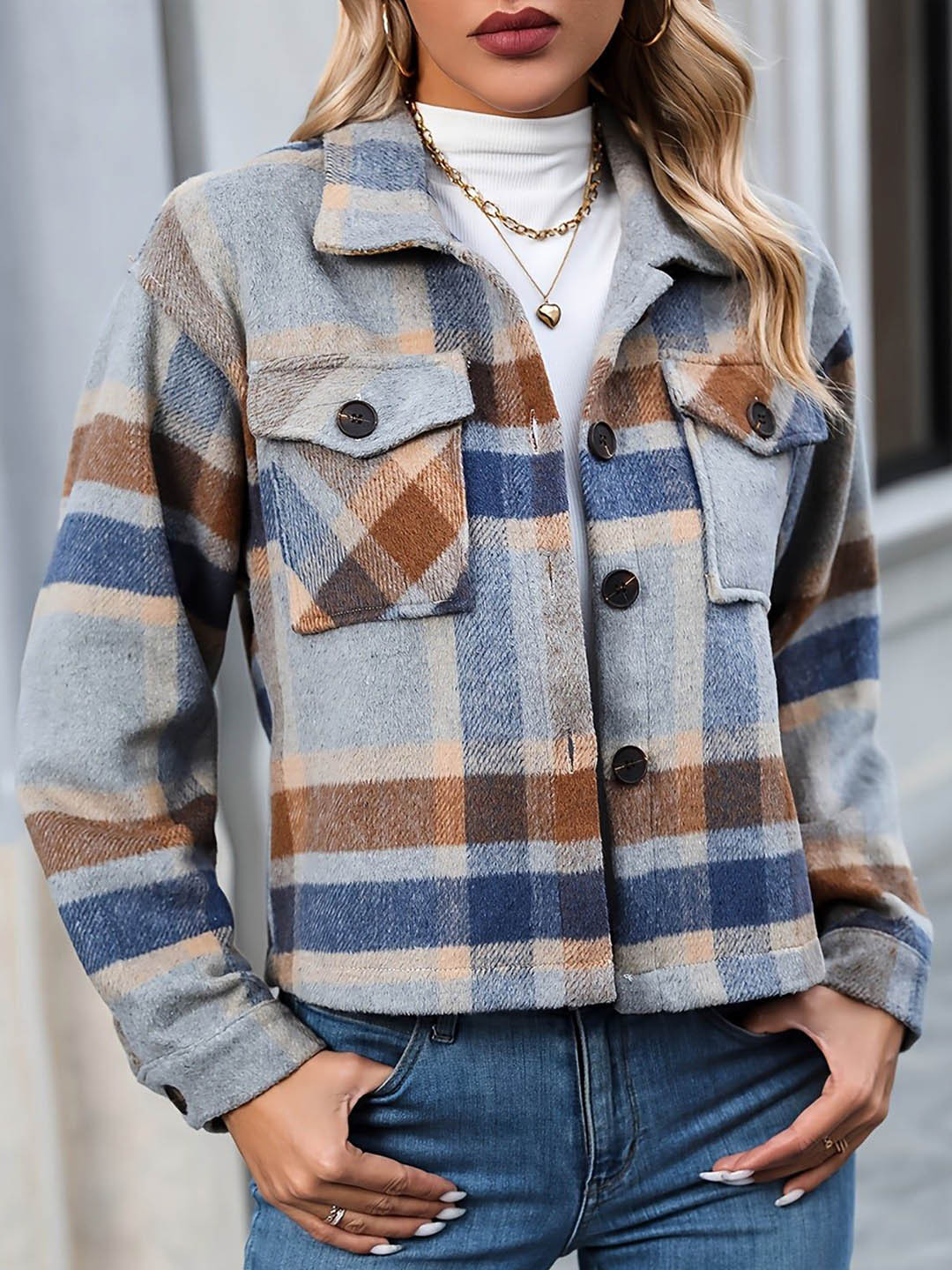 Outzidr Women Cropped Checkered Shacket