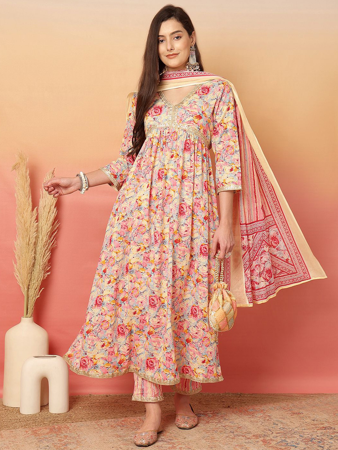 Sangria Floral Printed V- Neck Anarkali Cotton Kurta, Trouser & Dupatta