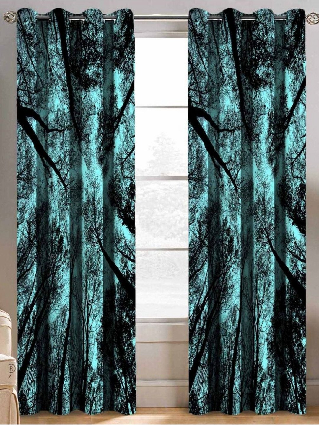Aura Blue & Black 2 Pieces Floral Printed Long Door Curtain