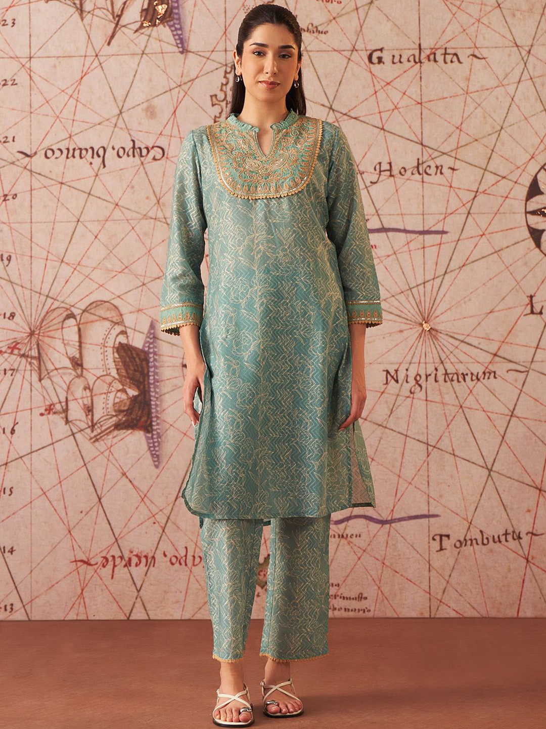 Lakshita Green Printed Cotton Jacquard Co-Ord Set for Women