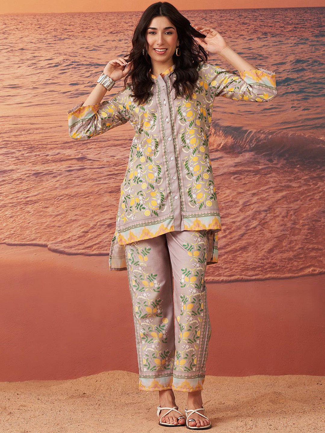 Lakshita Beige Printed Remi Linen Co-Ord Set For Women