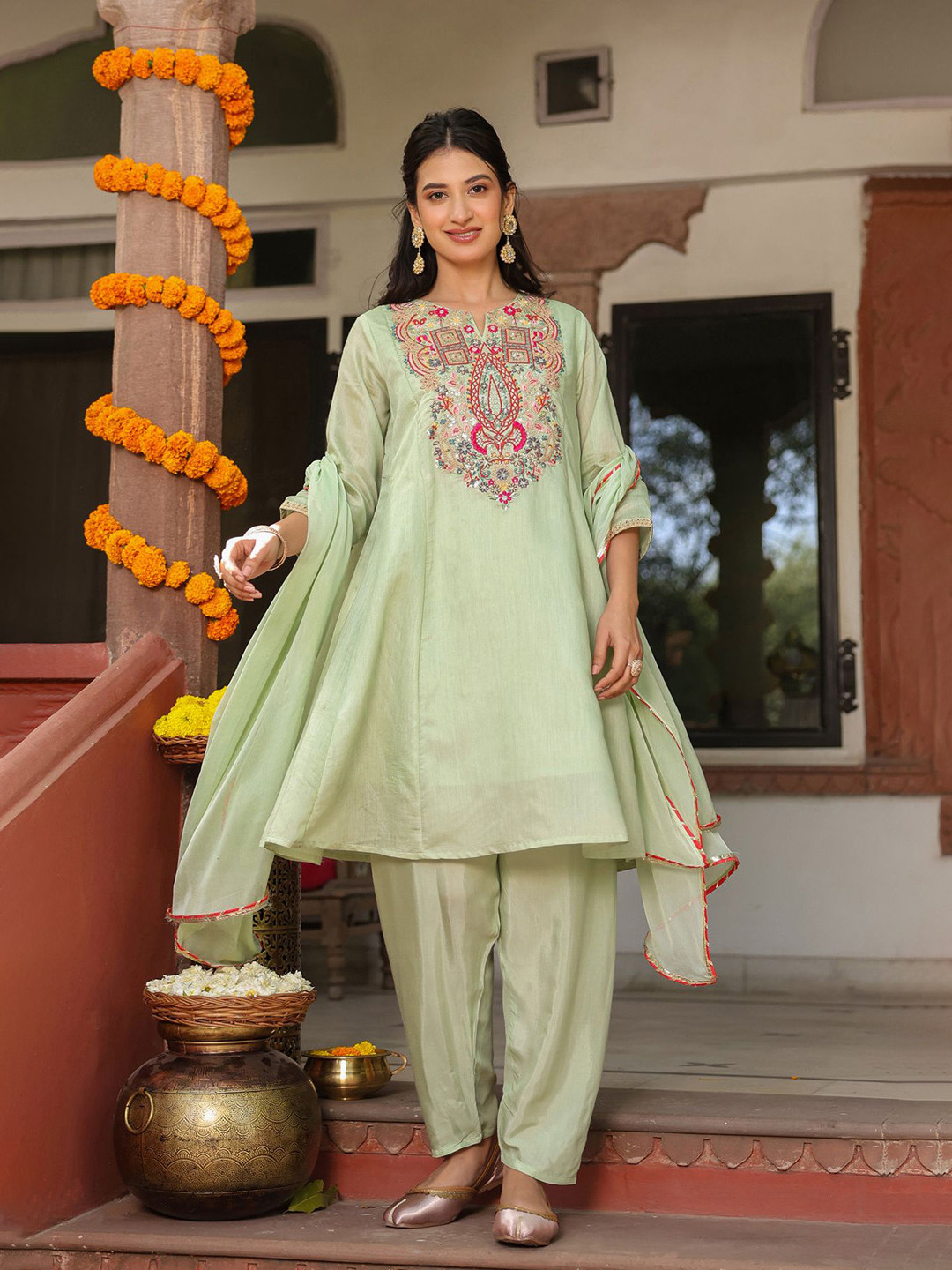 SCAKHI Women Pistagreen Chanderi Silk Embroidered Suit Set