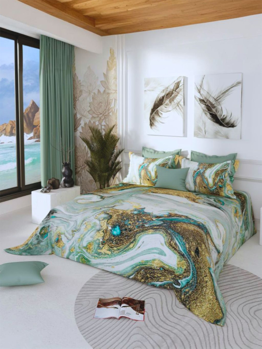LABHAM Sea Green & Gold-Toned 300 TC King Bedsheet with 2 Pillow Covers