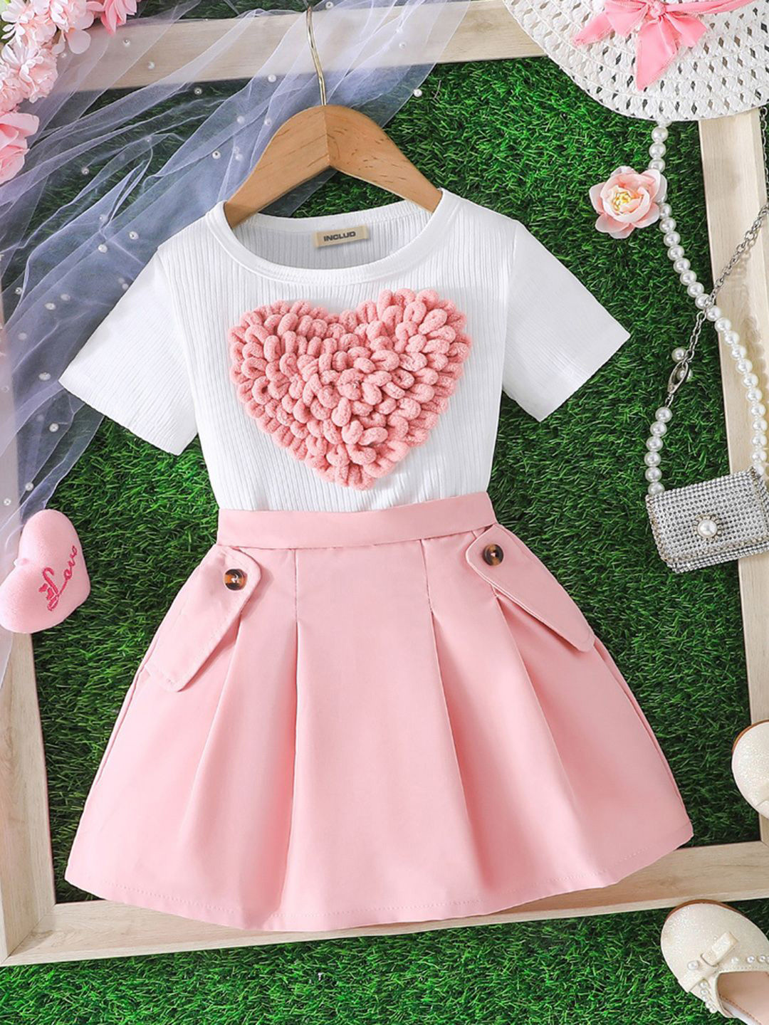 INCLUD Heart Appliqued Embroidered T-Shirt with Skirt