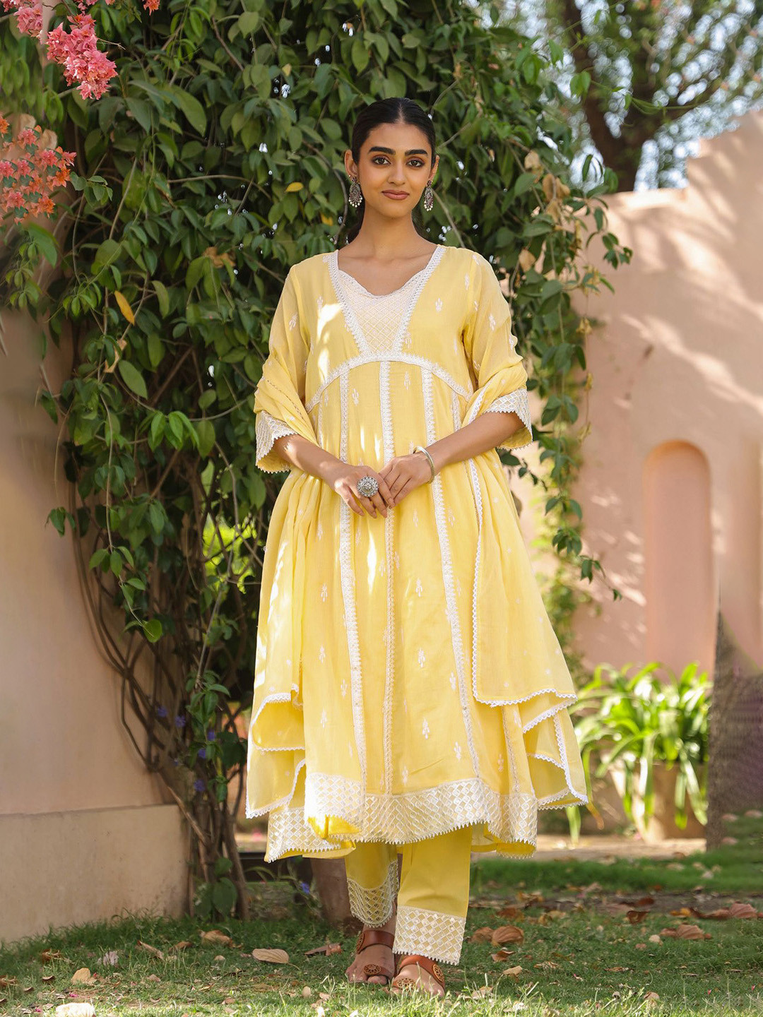 SCAKHI Women Yellow Mulmul Embroidered Anarkali Suit Set