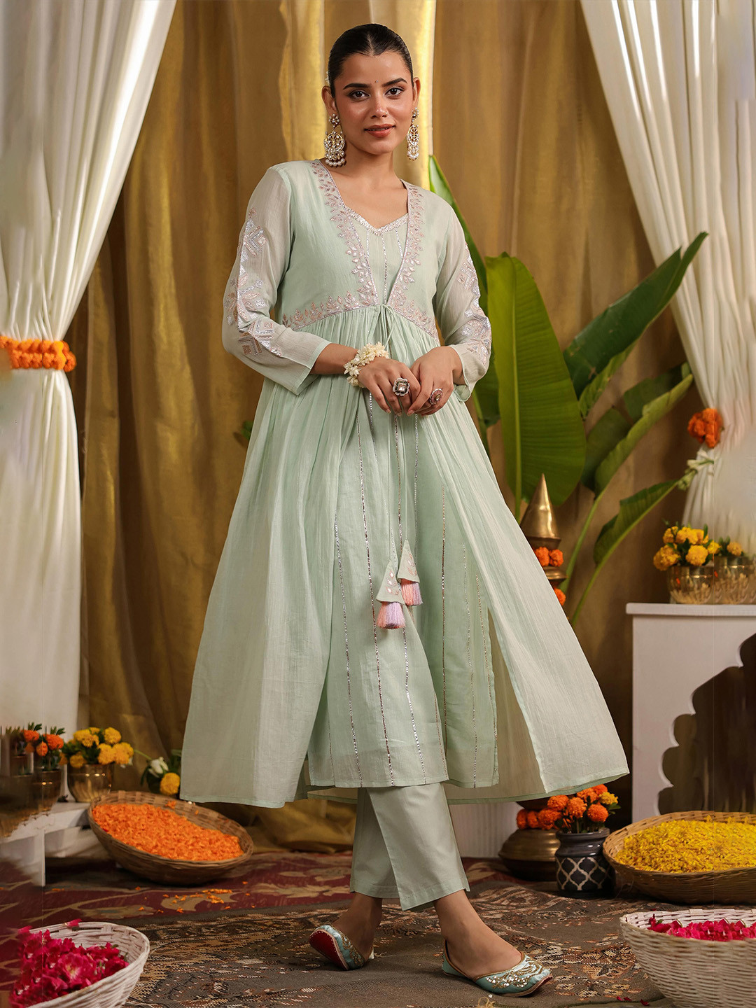 SCAKHI Women Embroidered Pista Green Mulmul Gota Work Kurta Pant And Shrug Set