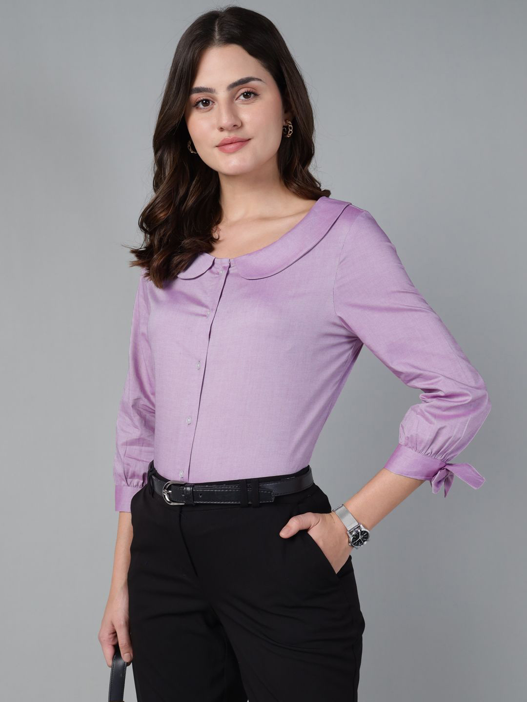 Hancock Women Solid Chambray Peter Pan Collar Pure Cotton Formal Shirt