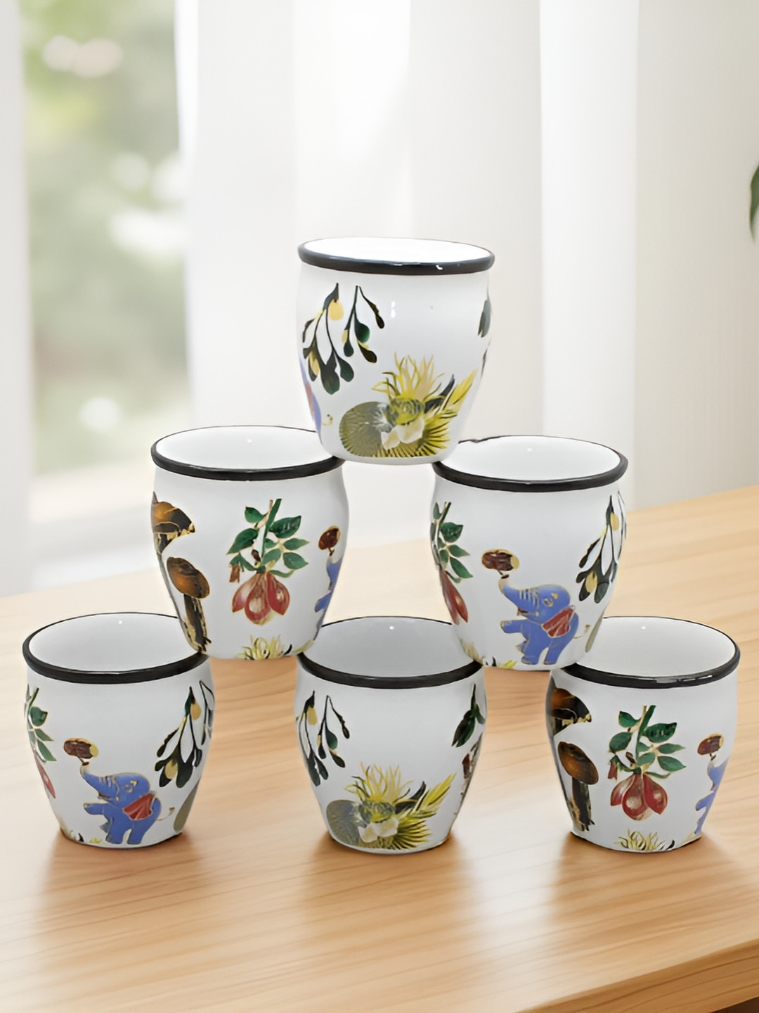 laghima jadon White Floral Ceramic Handmade 6 Piece Kulladhs-150ml