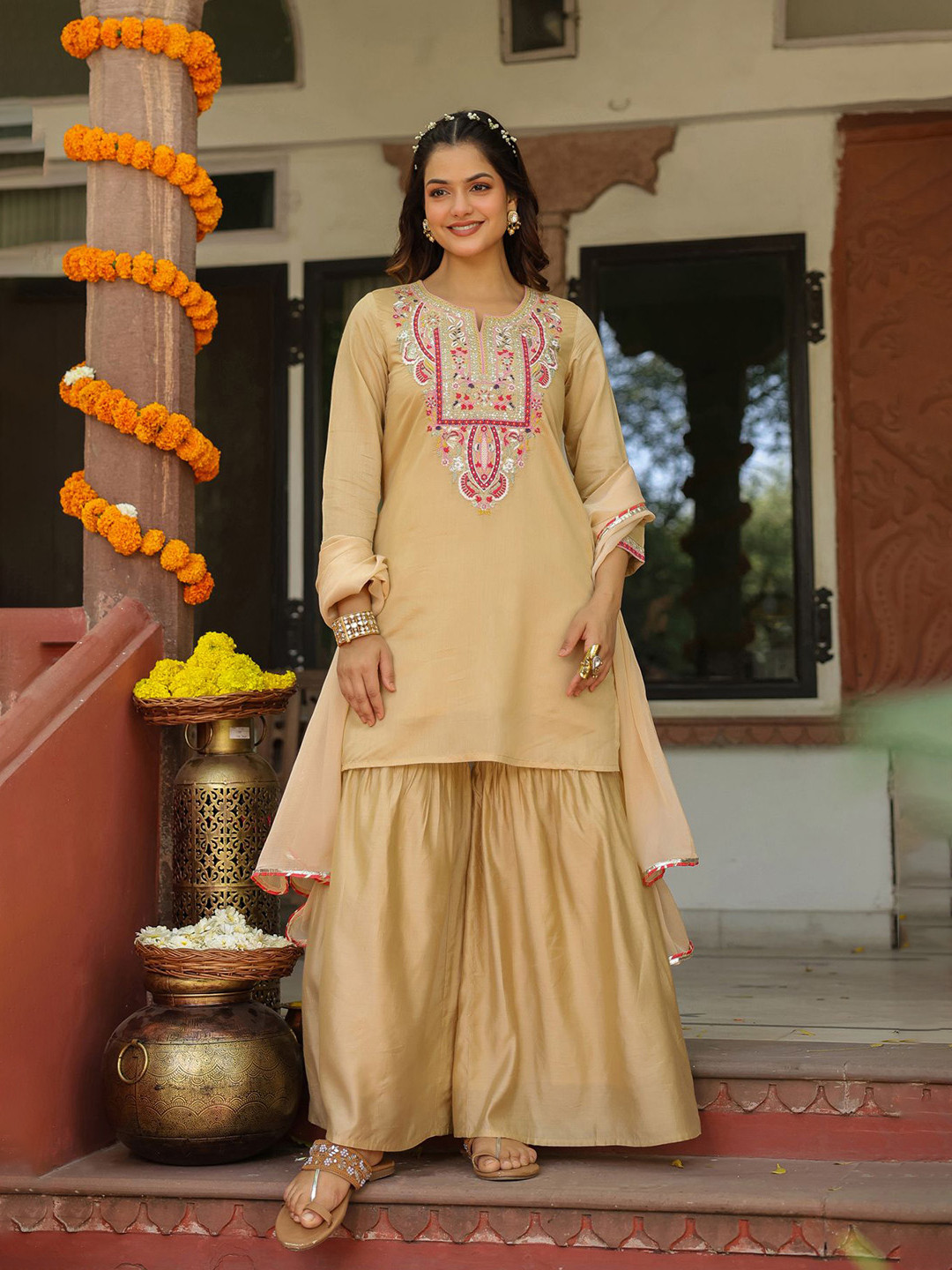 SCAKHI Women Beige Chanderi Silk Embroidered Sharara Set