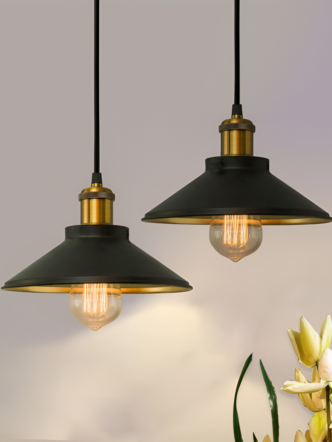 Decorcity 2 Pieces Black Cone Pendant with Antique Gold Holder Ceiling Lamp