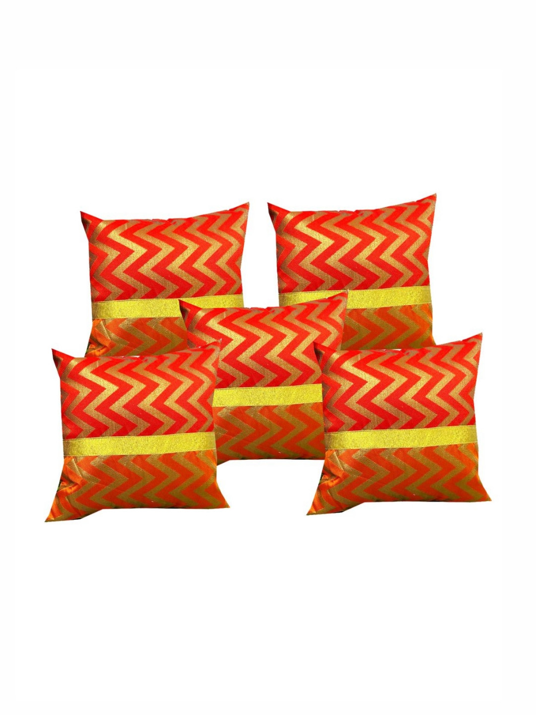 Pink Parrot Red & Yellow 5 Pieces Chevron Woven Design Square Cushion Covers