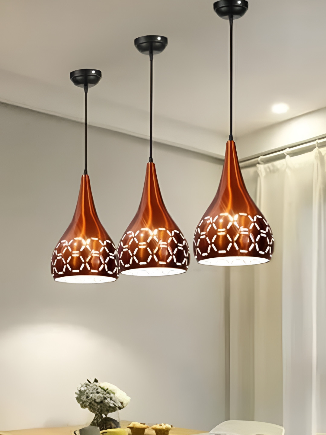 Decorcity 3 Pieces Copper-Toned Laser Cut Balloon Shape Single Hanging Ceiling Lamp