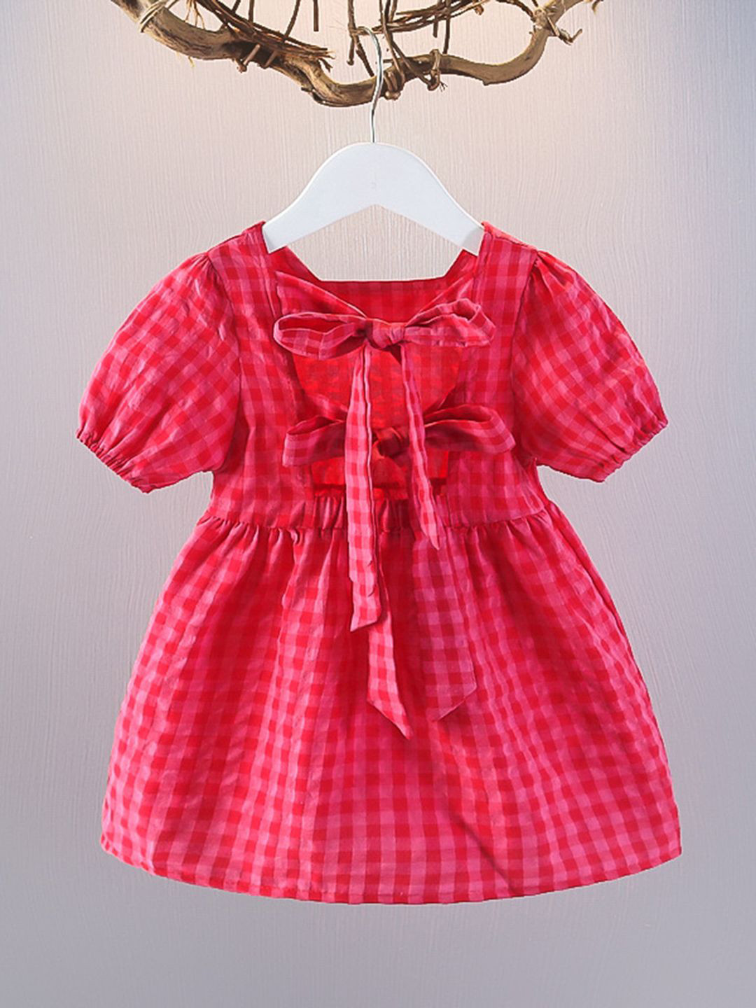 YK Checked Puff Sleeve Fit & Flare Dress