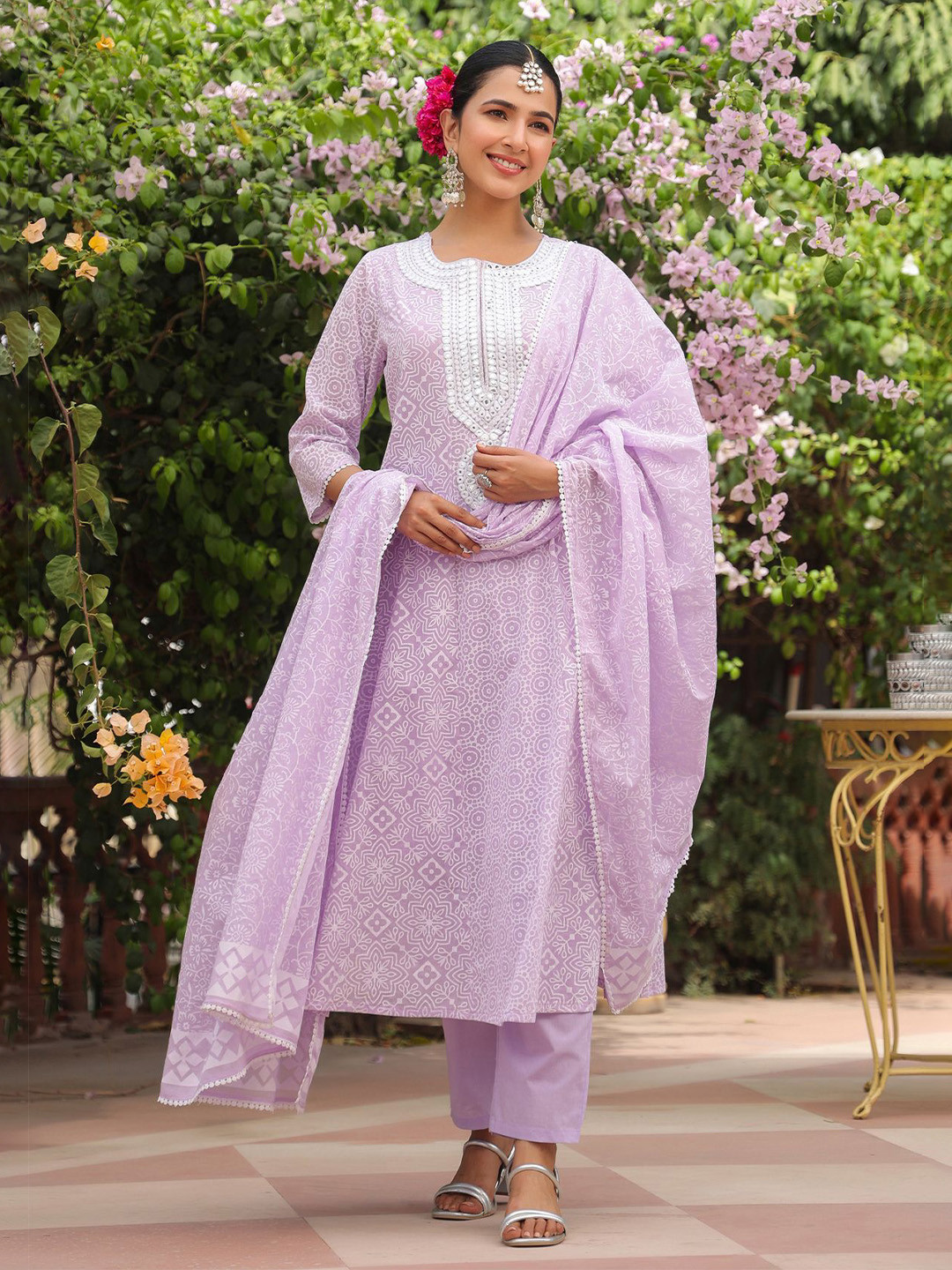 SCAKHI Women Lavender Cotton Mulmul Khari Printed Anarkali Kurta Set with Dupatta