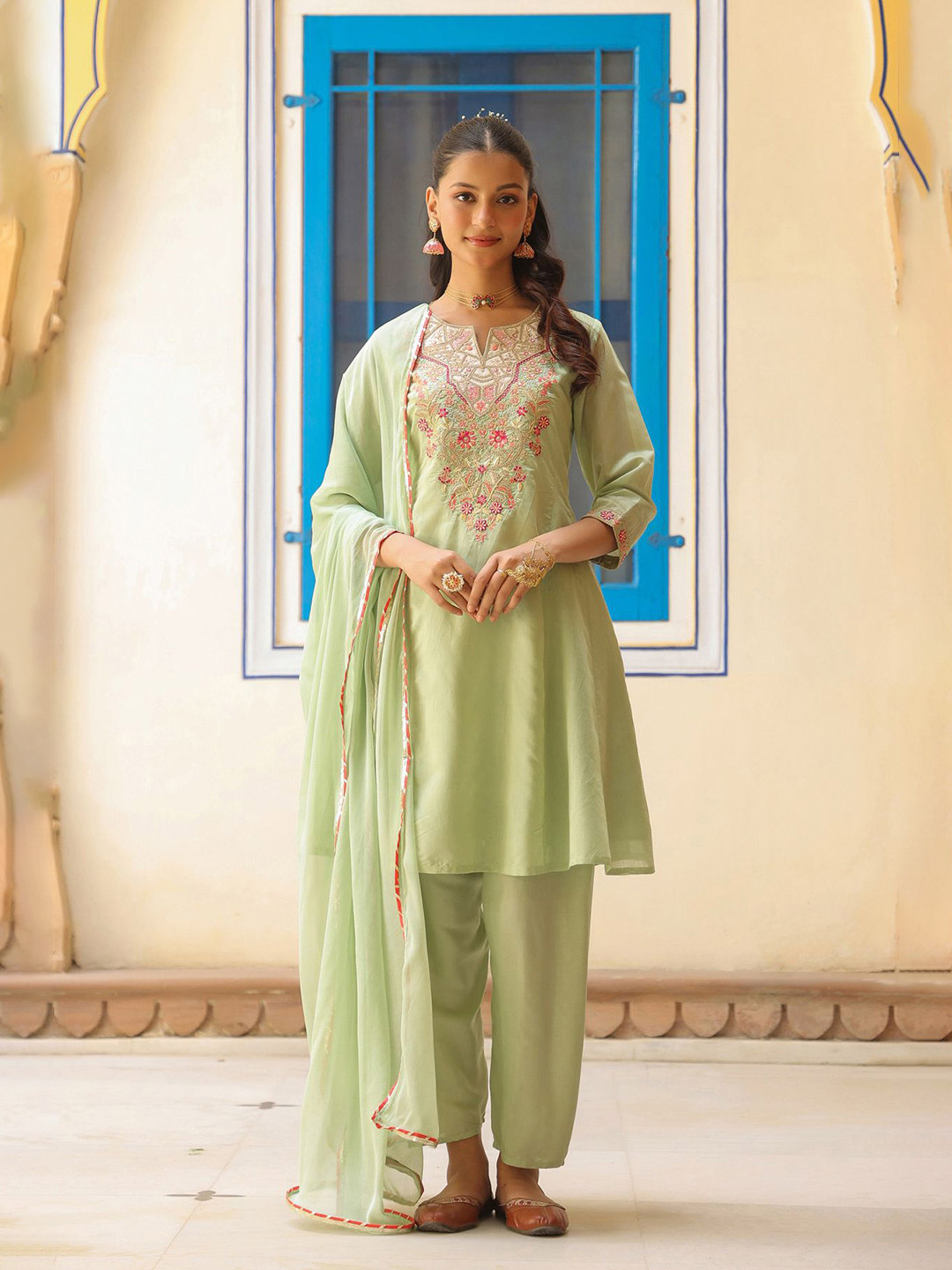 SCAKHI Women Pistagreen Chanderi Silk Dori Embroidered Anarkali Suit Set
