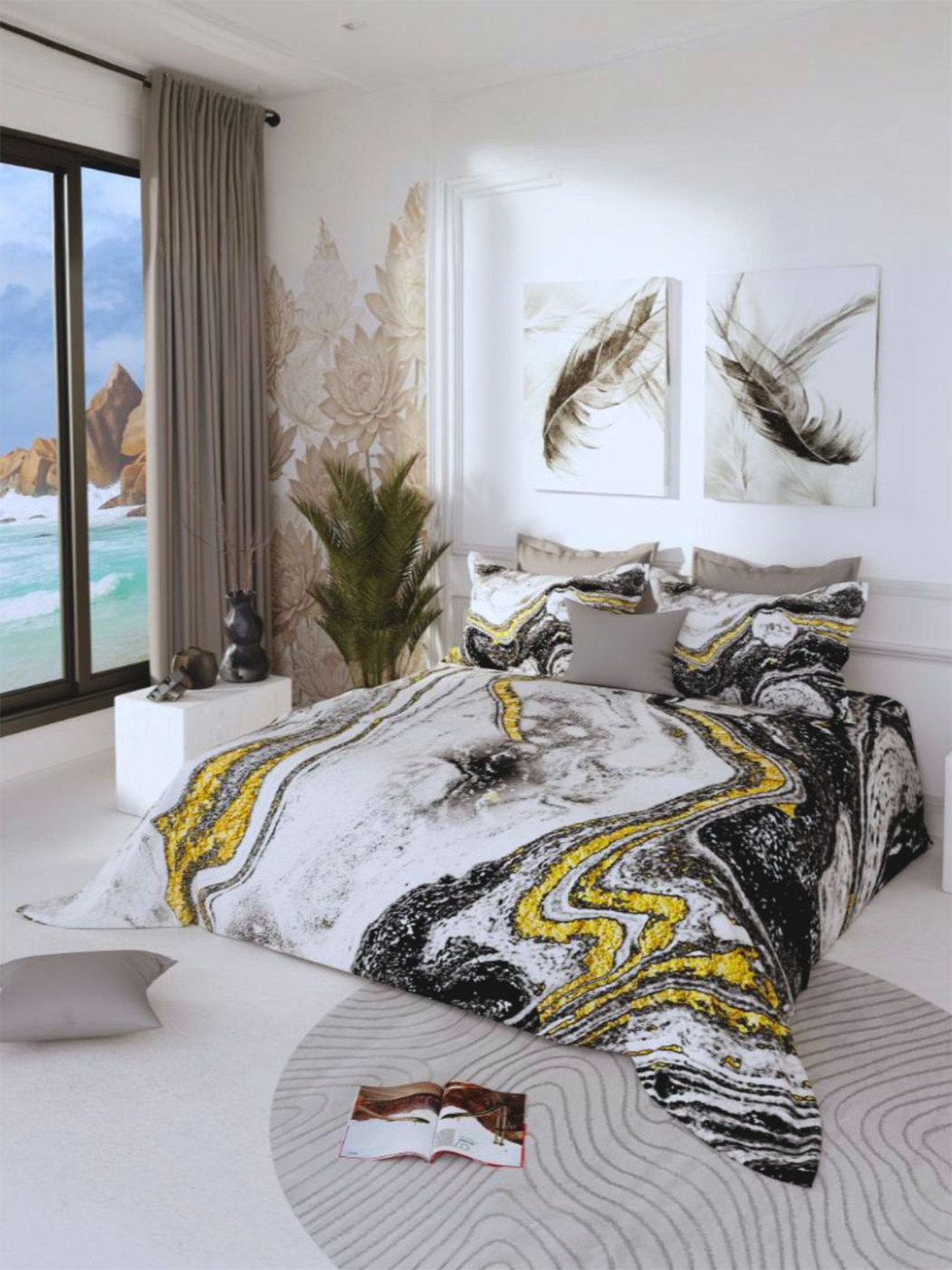 LABHAM Charcoal & Yellow 300 TC King Bedsheet with 2 Pillow Covers