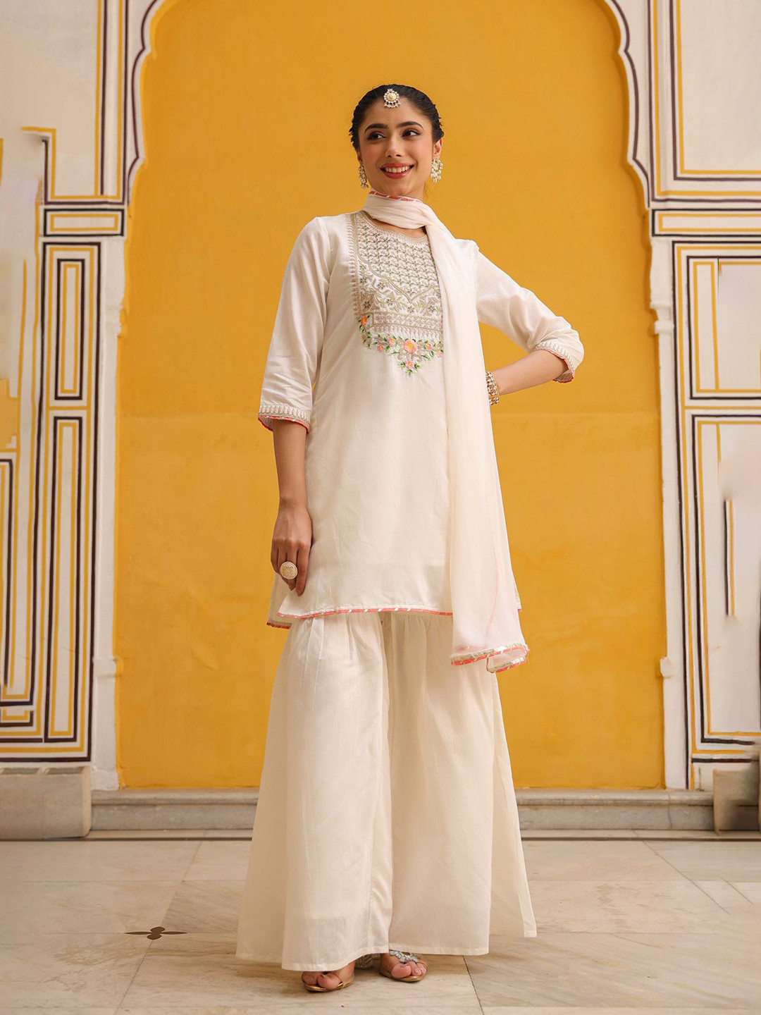 SCAKHI Women Ivory Chanderi Silk Zari Embroidered Sharara Set