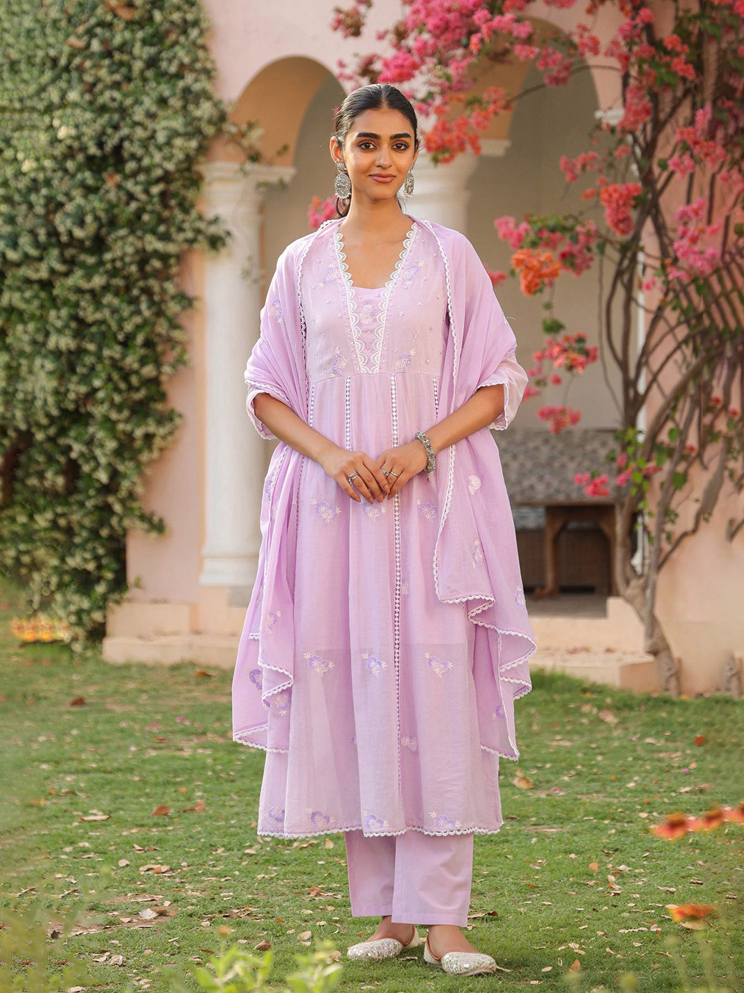 SCAKHI Women Lavender Mulmul Embroidered And Handwork Anarkali Suit Set With Dupatta