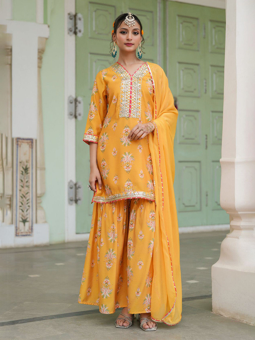SCAKHI Women Mustard Chanderi Silk Floral Printed Sharara Set